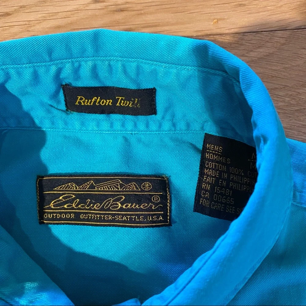 Mens Vintage Eddie Bauer Rufton Twill button down shirt in green teal size M - Picture 9 of 11